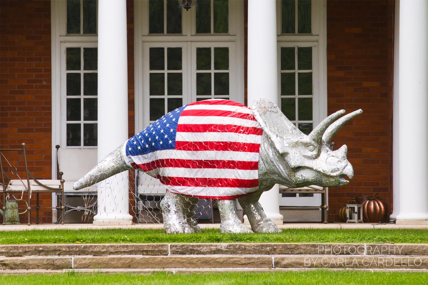 Still Life Pittsburgh Dinosaur Statue with American Flag