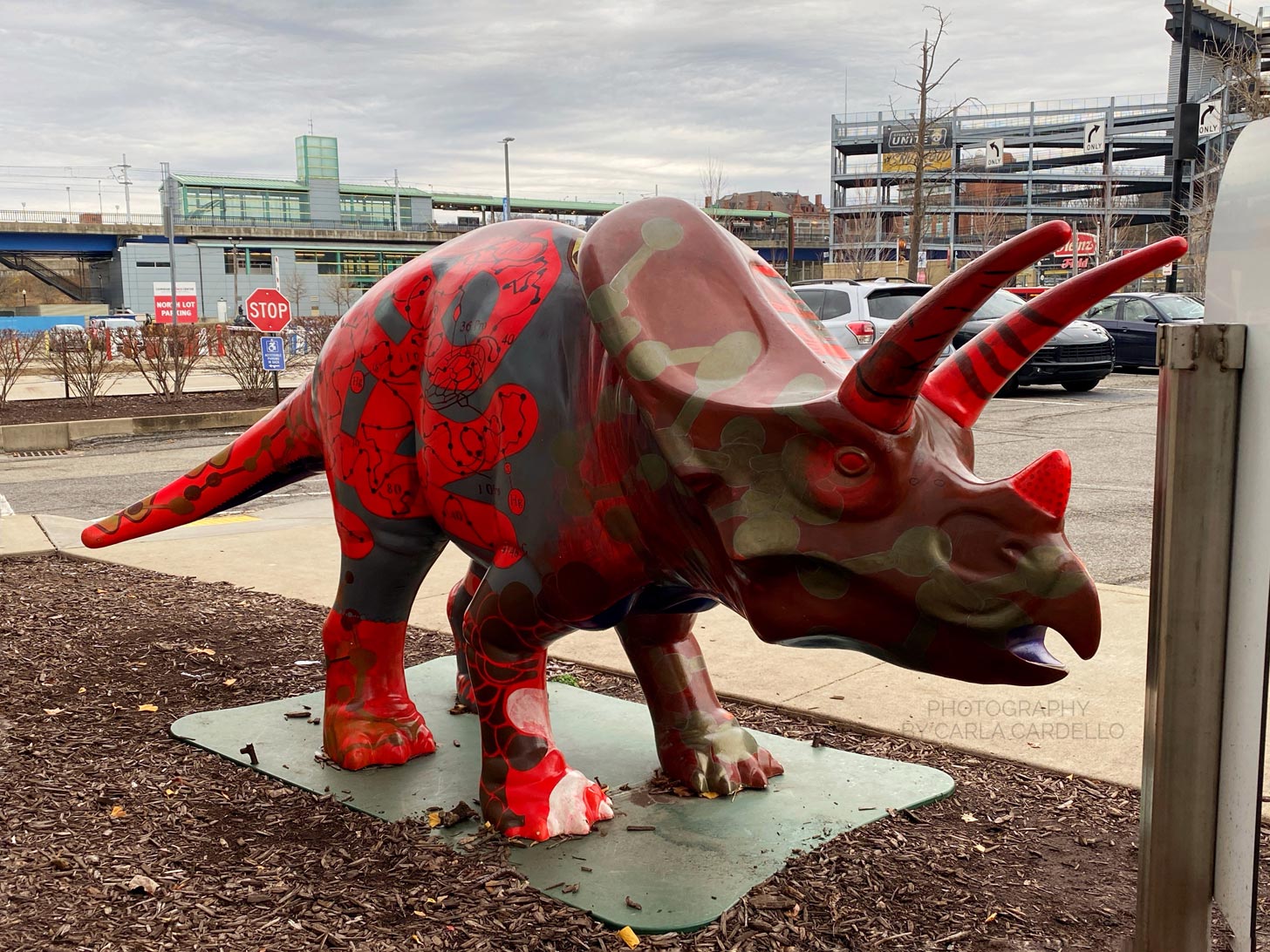 Side view of DNAsaurus Pittsburgh Dinosaur Statue