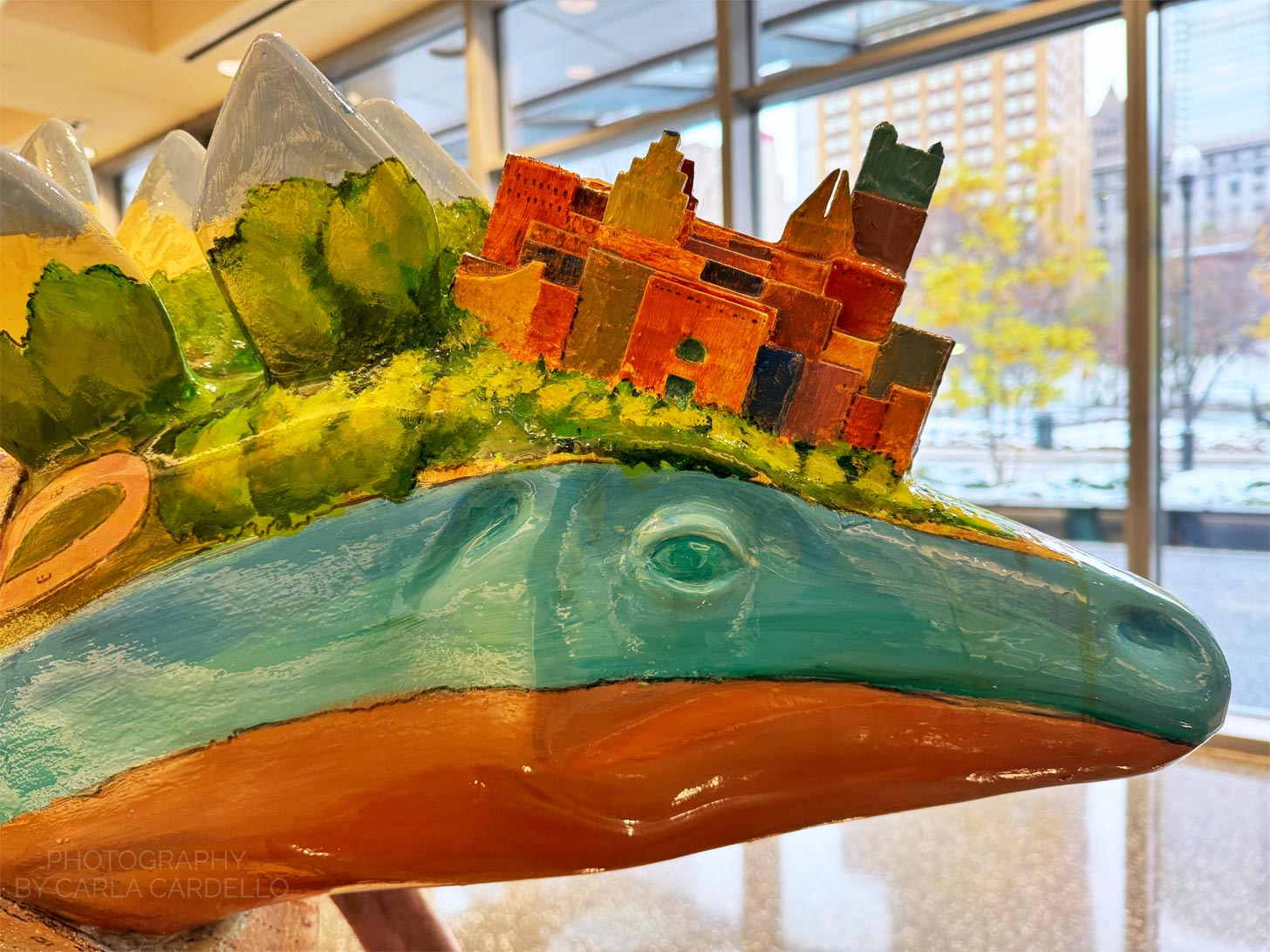 Close up of An Ecological History of Pittsburgh Dinosaur Statue
