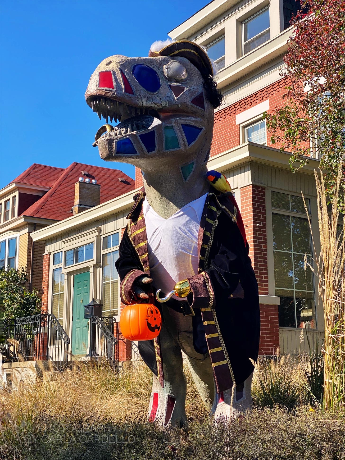 Lunasaurus Lux dressed up for Halloween Pittsburgh Dinosaur Statue