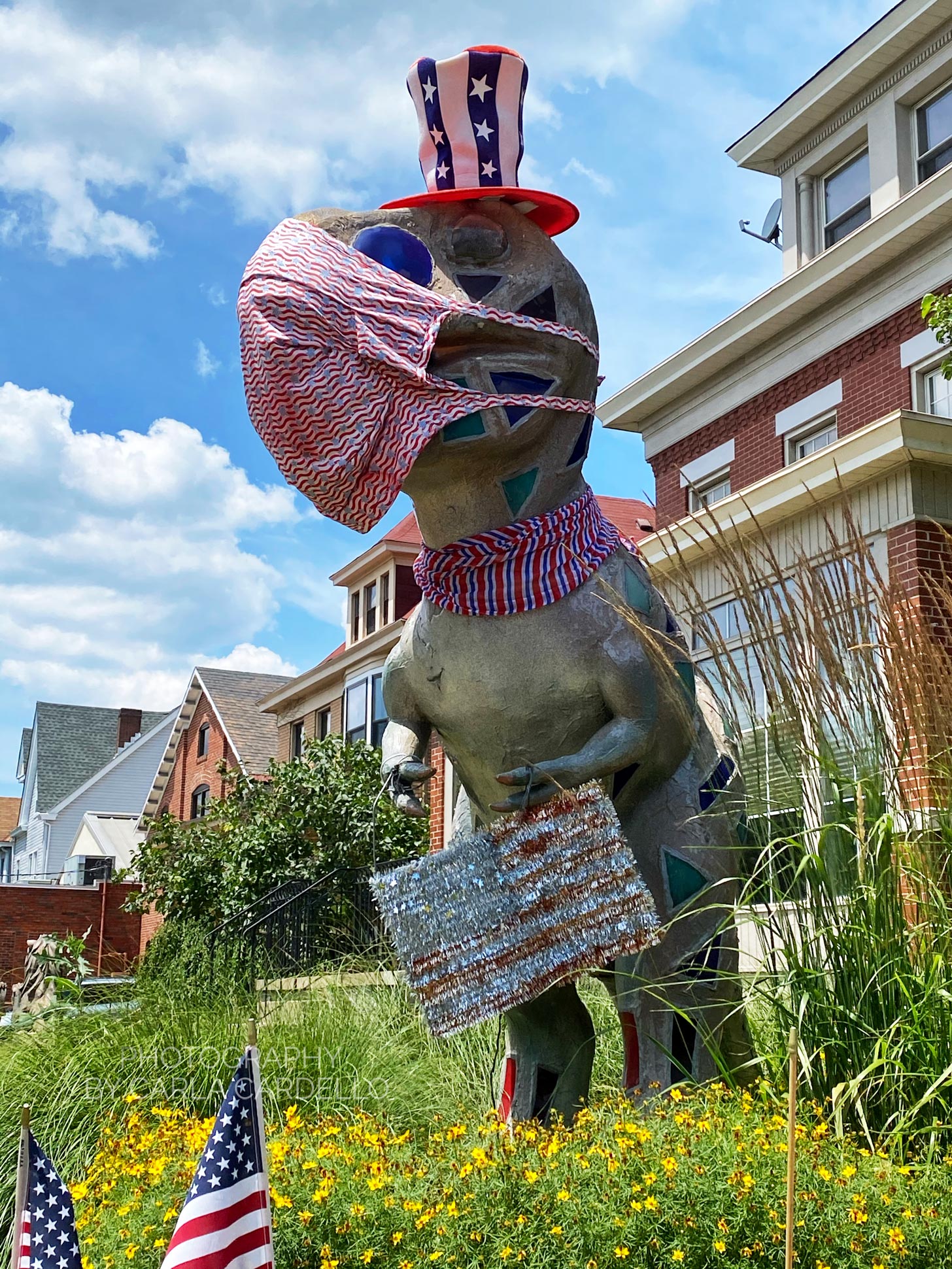 Lunasaurus Lux Pittsburgh Dinosaur Statue dressed up for 4th of July